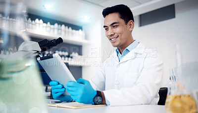 Buy stock photo Happy, tablet or doctor in a laboratory with research results or positive feedback after medical data analysis. Smile, vaccine or healthcare worker reading or working on futuristic science innovation