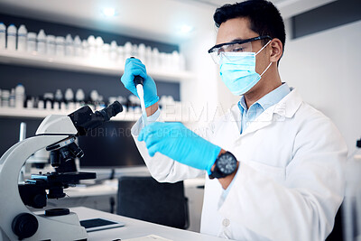 Buy stock photo Covid, research and scientist in a lab for a test, science innovation and medical development for future. Chemical analysis, healthcare study and worker with an investigation on a virus and face mask