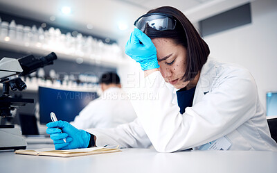 Buy stock photo Scientist, headache stress and woman writing in notebook for research, planning report or working on medical analysis in laboratory. Science, frustrated person and biochemistry mistake in lab results