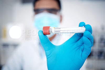 Buy stock photo Closeup, test tube and lab for dna results, experiment and in laboratory with gloves for protection. Male scientist, man and medical for safety for virus, sickness or blood sample for cure or illness