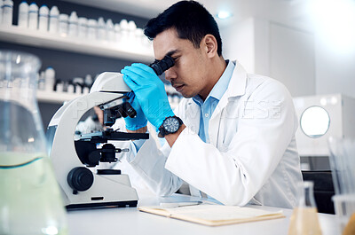 Buy stock photo Microscope, Asian man in laboratory for healthcare, science method and research innovation. Male researcher, chemist and medical professional check sample, results and lab equipment for analysis.