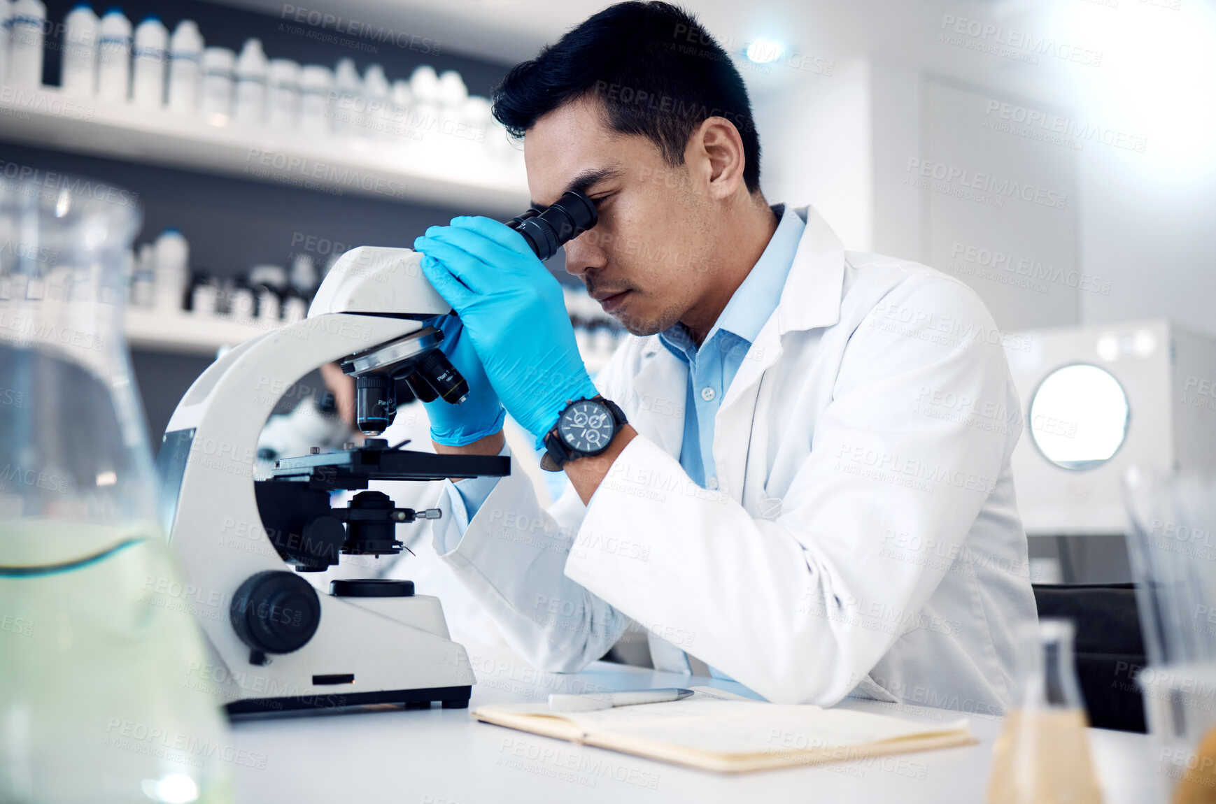 Buy stock photo Microscope, Asian man in laboratory for healthcare, science method and research innovation. Male researcher, chemist and medical professional check sample, results and lab equipment for analysis.