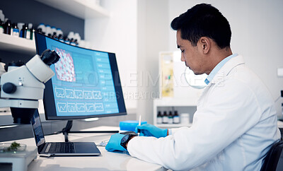 Buy stock photo Man, scientist and computer with virus, bacteria and research data in laboratory. Science worker writing notes on vaccine, development or dna on technology, digital analytics or pharmaceutical health