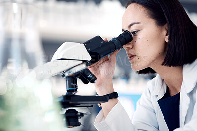 Buy stock photo Microscope, scientist or woman with research, medical cure or check sample data in laboratory. Asian female, researcher or employee analyzing result, scientific method or lab equipment for innovation