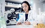 Science, chemistry research notebook and scientist writing chemical engineering report for pharmaceutical medicine development. Innovation, microscope and Asian woman working on laboratory analysis