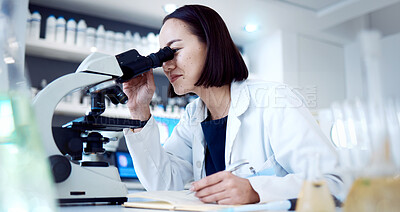 Buy stock photo Scientist woman, microscope and lab with writing, book and development of vaccine, cure or medicine. Asian medical expert, science tools and laboratory research for pharmaceutical career in Tokyo