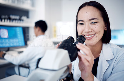 Buy stock photo Laboratory scientist, face or microscope in medical research, healthcare medicine study or Japanese medical pharmacy. Portrait, smile or happy asian woman with science equipment in future engineering