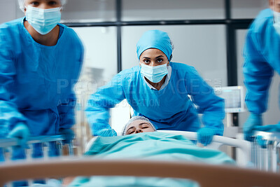 Buy stock photo Surgeon, bed and rush in a hospital for emergency operation in the er with a sick patient. Surgery team, pushing sleeping woman and fast hospital bed in the theater for surgical medicine procedure 