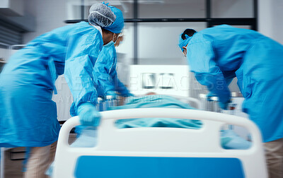 Buy stock photo Emergency, operation and hospital with a doctor and team rushing to an operating theater with a patient. Nurse, insurance and healthcare with a medical group getting ready for life saving surgery