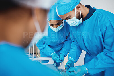 Buy stock photo Surgery, medical operation and doctors with patient in emergency room at hospital, medic center or clinic. Healthcare, collaboration and team of surgeons working with surgical tools in operating room
