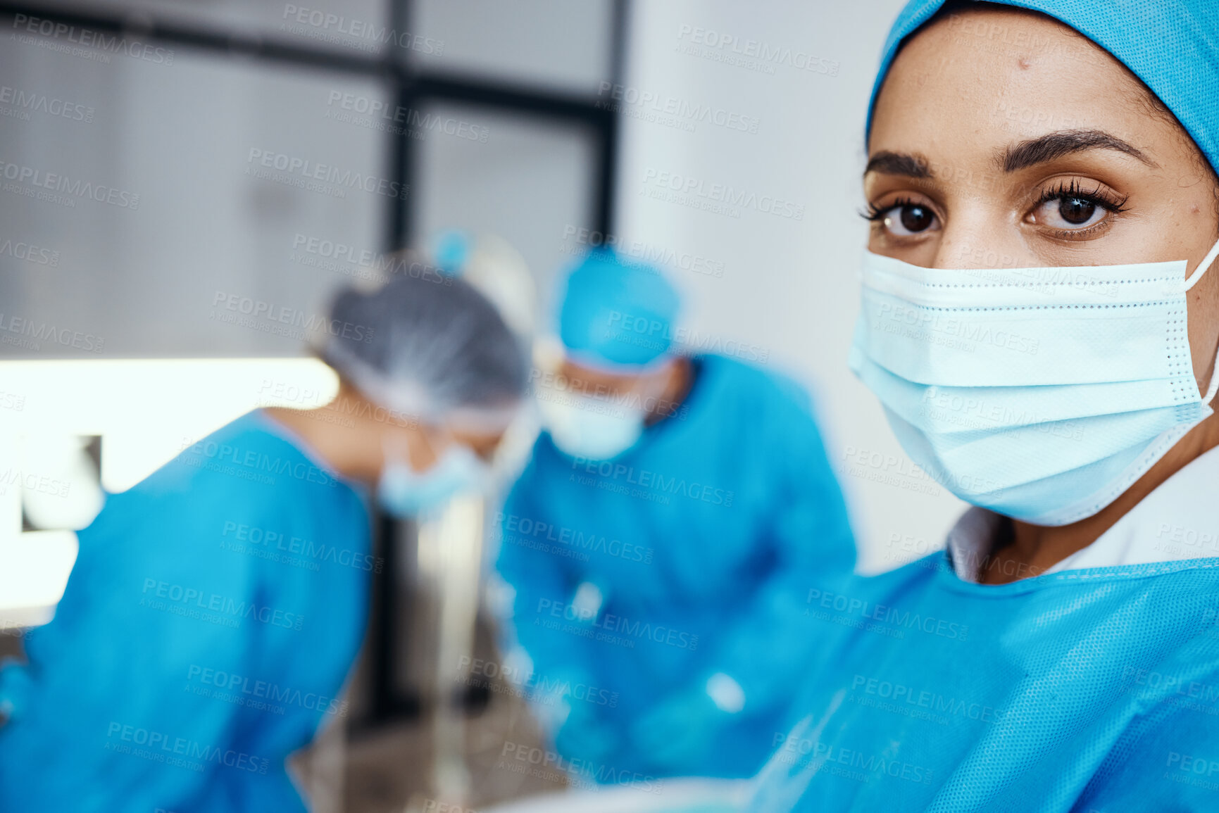 Buy stock photo Portrait of woman, surgeon and operating room, hospital and healthcare emergency, surgery or medical clinic. Young female doctor, nurse or worker in face mask, scrubs and working in operation theatre