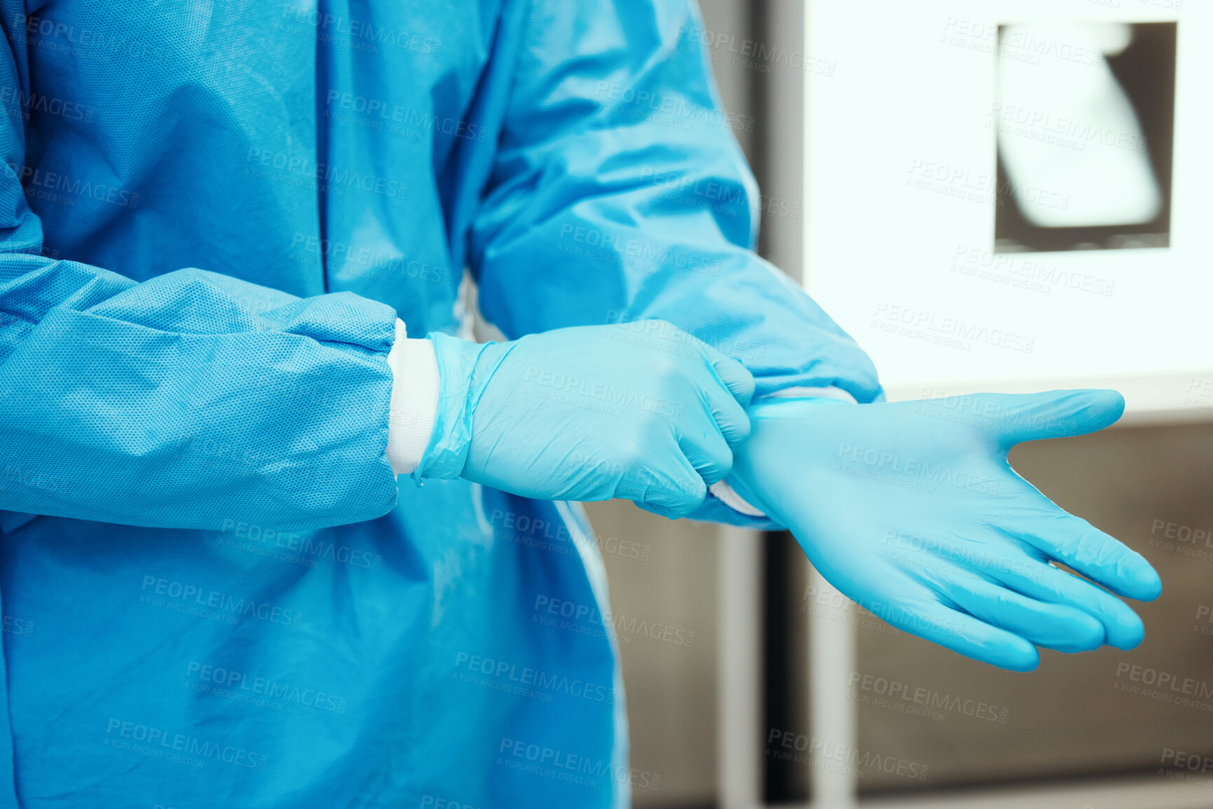 Buy stock photo Healthcare, scrubs and surgeon hands with gloves for protection in surgery, medical operation and procedure. Safety, doctor and health worker with latex ppe in clinic, hospital and operating room