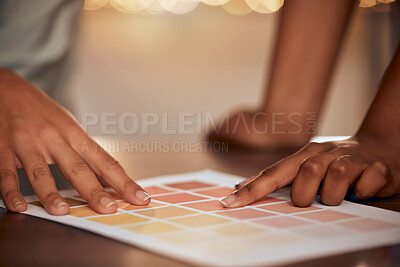 Buy stock photo Creative, hands and color chart design choice, decision and inspiration at fashion company zoom. Black people, idea and planning at clothing designer company with color palette paper.

