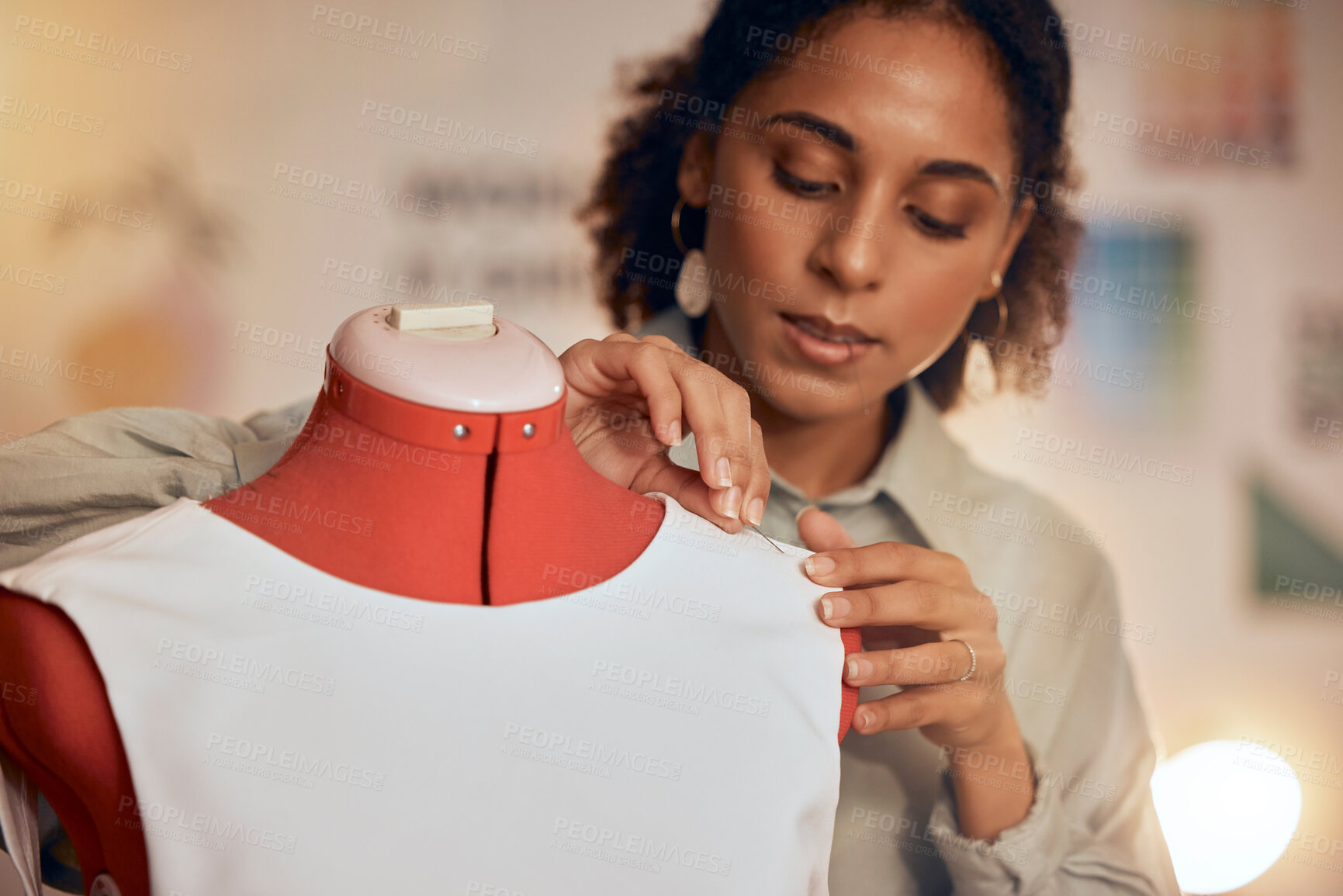 Buy stock photo Tailor, mannequin and black woman sewing clothes, fabric or luxury apparel for creative design in studio workshop atelier. Startup small business designer, service and sewer working on fashion outfit
