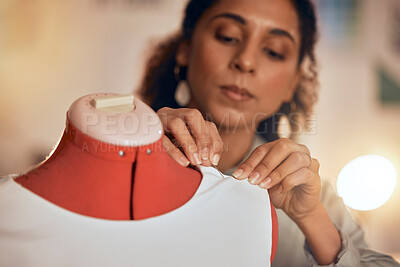 Buy stock photo Fashion designer, hands and sewing fabric on a mannequin at night while working in workshop for manufacturing, production and design process. Female entrepreneur, dressmaker or tailor making clothes
