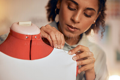 Buy stock photo Fashion designer, black woman and tailor working with fabric and needle for manufacturing, production and design process of clothes at workshop. Female entrepreneur with mannequin for creative work
