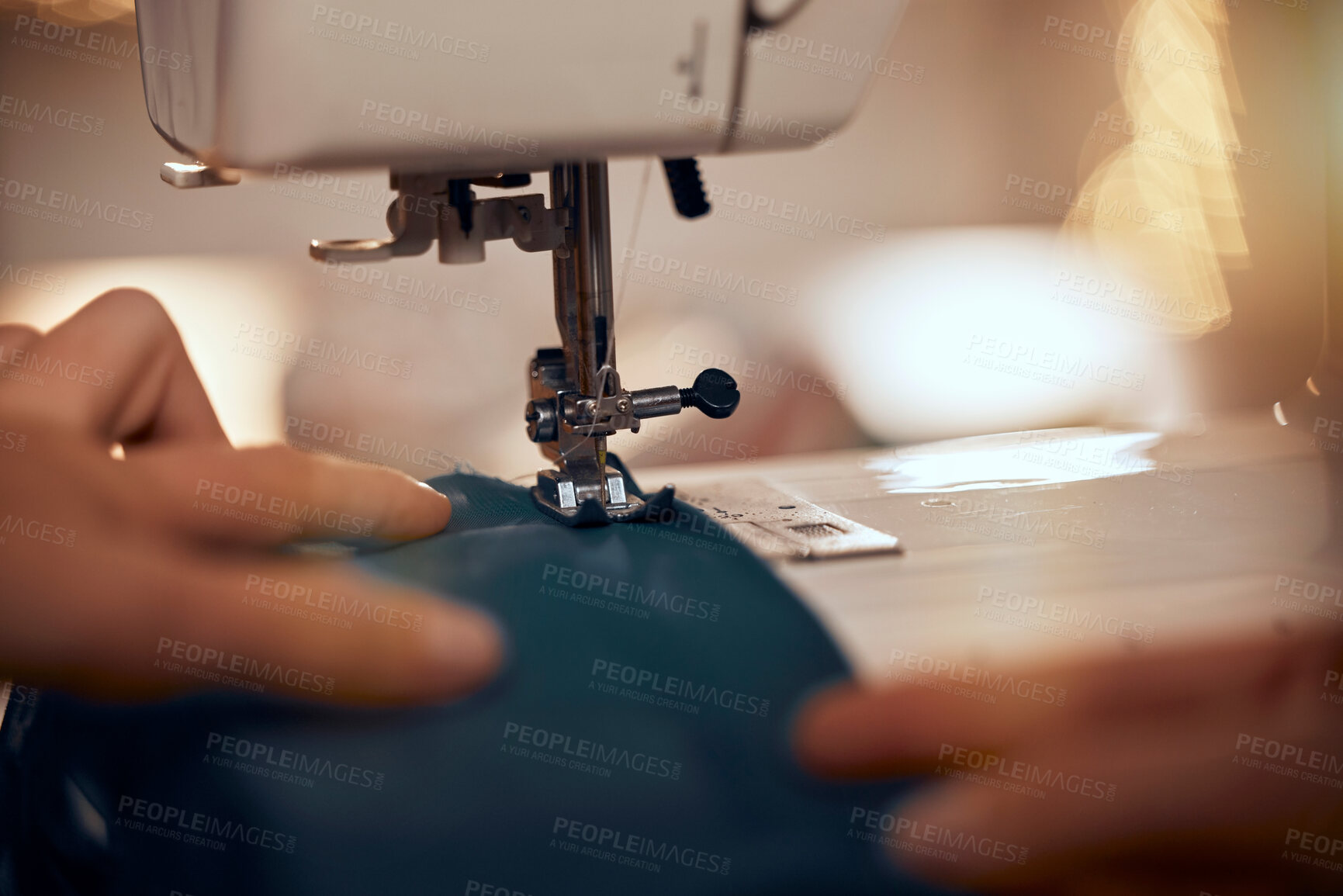 Buy stock photo Design, clothes and closeup of sewing machine with fabric for clothing production, fashion design and tailor. Manufacturing, creative and hands of fashion designer working with textile in workshop
