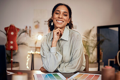 Buy stock photo Fashion, small business and portrait of black woman designer at desk in creative office. Startup owner, woman business owner and happy smile, confident manufacturing  luxury clothes for online shop.