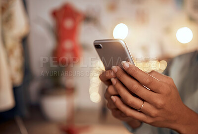 Buy stock photo Hand, phone and woman using wifi to browse the internet for online shopping or e-commerce closeup. Zoom, hands and female scrolling social media for meme or media content  on a mobile app