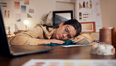 Buy stock photo Fashion designer, stress and sleeping on studio table in deadline pressure, startup fail or small business anxiety. Tired, asleep and exhausted creative in clothes workshop, mental health or burnout 