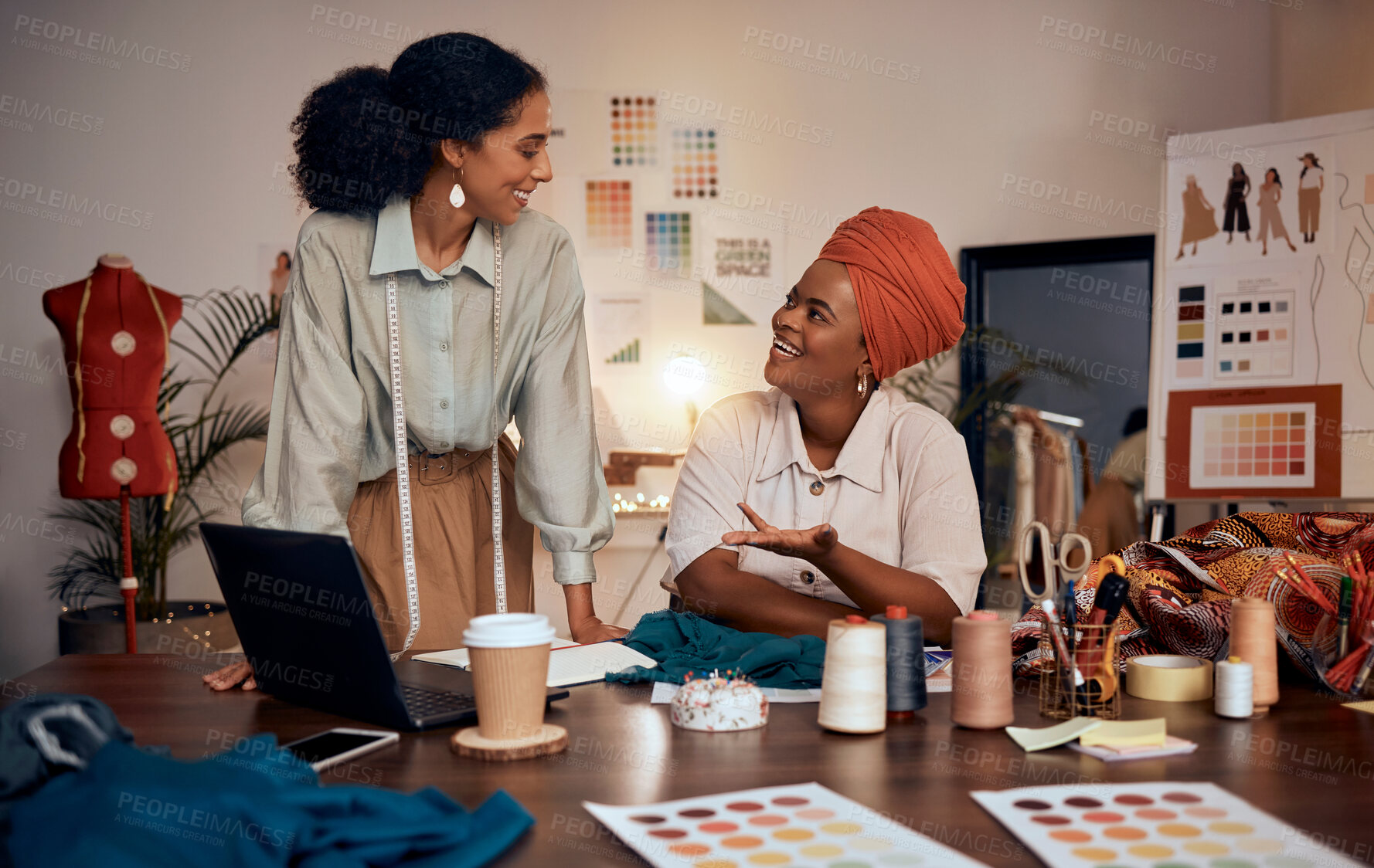 Buy stock photo Creative, fashion or designer woman in office with fabric design planning, collaboration or teamwork with smile. Business meeting, diversity or women for small business, startup or company growth