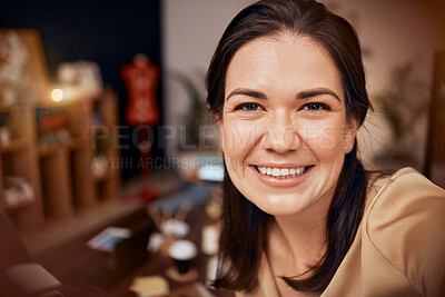 Buy stock photo Portrait of woman with a smile, happiness and excited for selfie while in workshop working, happy and enthusiastic about work. Face of female entrepreneur at workplace for creativity and productivity