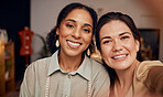 Woman, friends and portrait smile for selfie together in happy friendship or partnership at the workshop. Women tailor fashion designer faces smiling for photo, moments or free time at the workplace