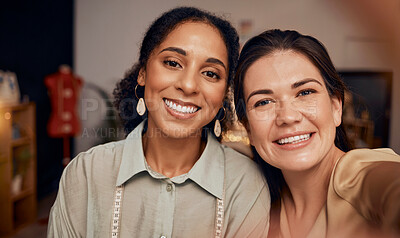 Buy stock photo Woman, friends and portrait smile for selfie together in happy friendship or partnership at the workshop. Women tailor fashion designer faces smiling for photo, moments or free time at the workplace
