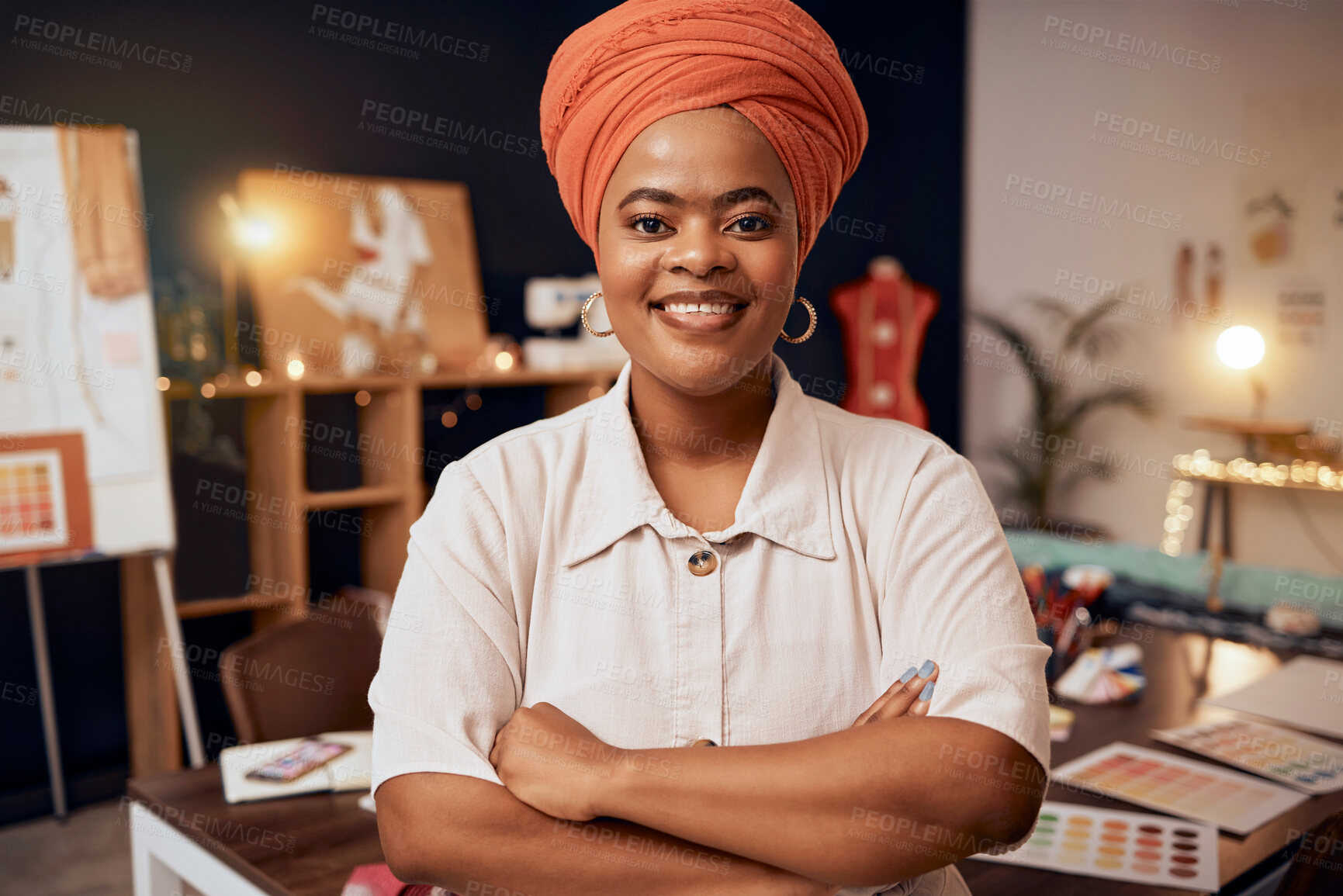 Buy stock photo Leadership, fashion or designer with black woman in workshop studio for management, retail or tailor. Startup factory, smile or happy creative small business employee, design clothes or seamstress