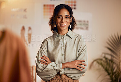 Buy stock photo Fashion industry, black woman and designer portrait of clothing tailor with business vision. Smile, startup and small business entrepreneur with happiness and business growth feeling working success