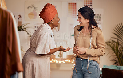 Buy stock photo Designer, women or funny friends at work laughing at joke together while talking, bond or speaking of success. Diversity, partnership or happy female fashion designers in gossip conversation on break