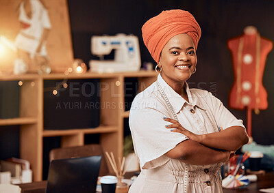 Buy stock photo Fashion, designer and african or black woman in portrait for small business startup, creative career or textile industry in a workshop studio. Fabric, manufacturing and retail clothes of proud woman
