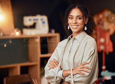 Buy stock photo Small business, fashion and portrait of black woman designer in studio for clothing manufacturing and online sales. Fabric, design and confident successful woman startup owner, ecommerce and success.