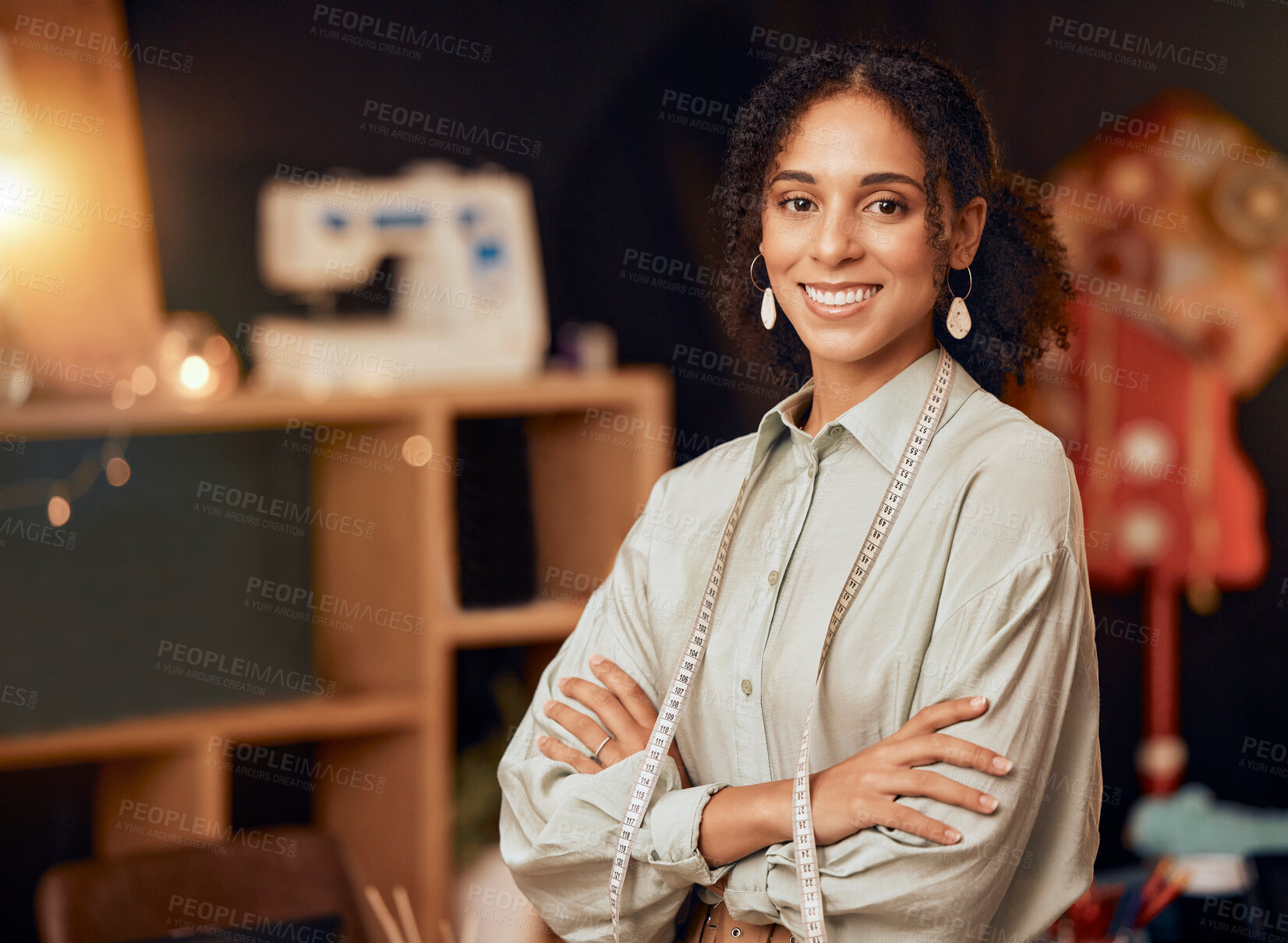 Buy stock photo Small business, fashion and portrait of black woman designer in studio for clothing manufacturing and online sales. Fabric, design and confident successful woman startup owner, ecommerce and success.