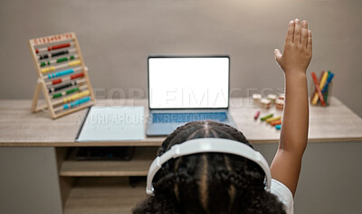 Buy stock photo Online education, blank screen and girl on computer raise hand for school and education. Black kid, study and student on technology with question on school children app in house on web with mockup