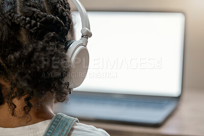 Buy stock photo Girl, headphones and laptop screen in elearning education, homeschool class or study support in house lockdown or quarantine. Zoom, headset and child on student technology software with mock up space