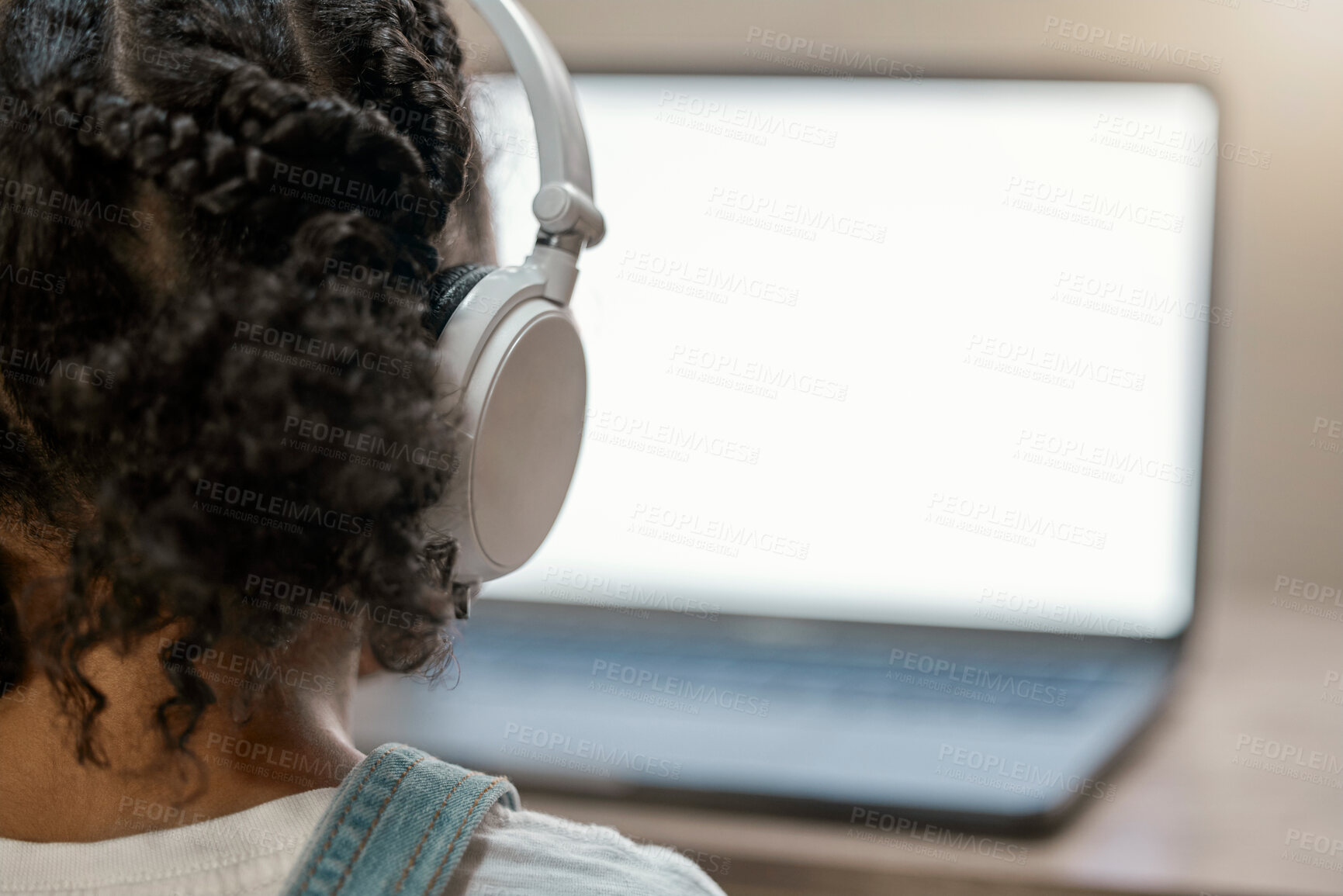 Buy stock photo Girl, headphones and laptop screen in elearning education, homeschool class or study support in house lockdown or quarantine. Zoom, headset and child on student technology software with mock up space