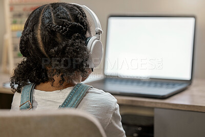 Buy stock photo Girl learning, laptop and education in home with headphones, internet and blank screen for study. Young african student, female and computer for video call, internet or webinar at house in Toronto