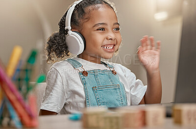 Buy stock photo Video call, headphones and child in e learning on laptop, home desk and hello for virtual class education, communication and listening. Audio, pc technology and kindergarten girl in language learning
