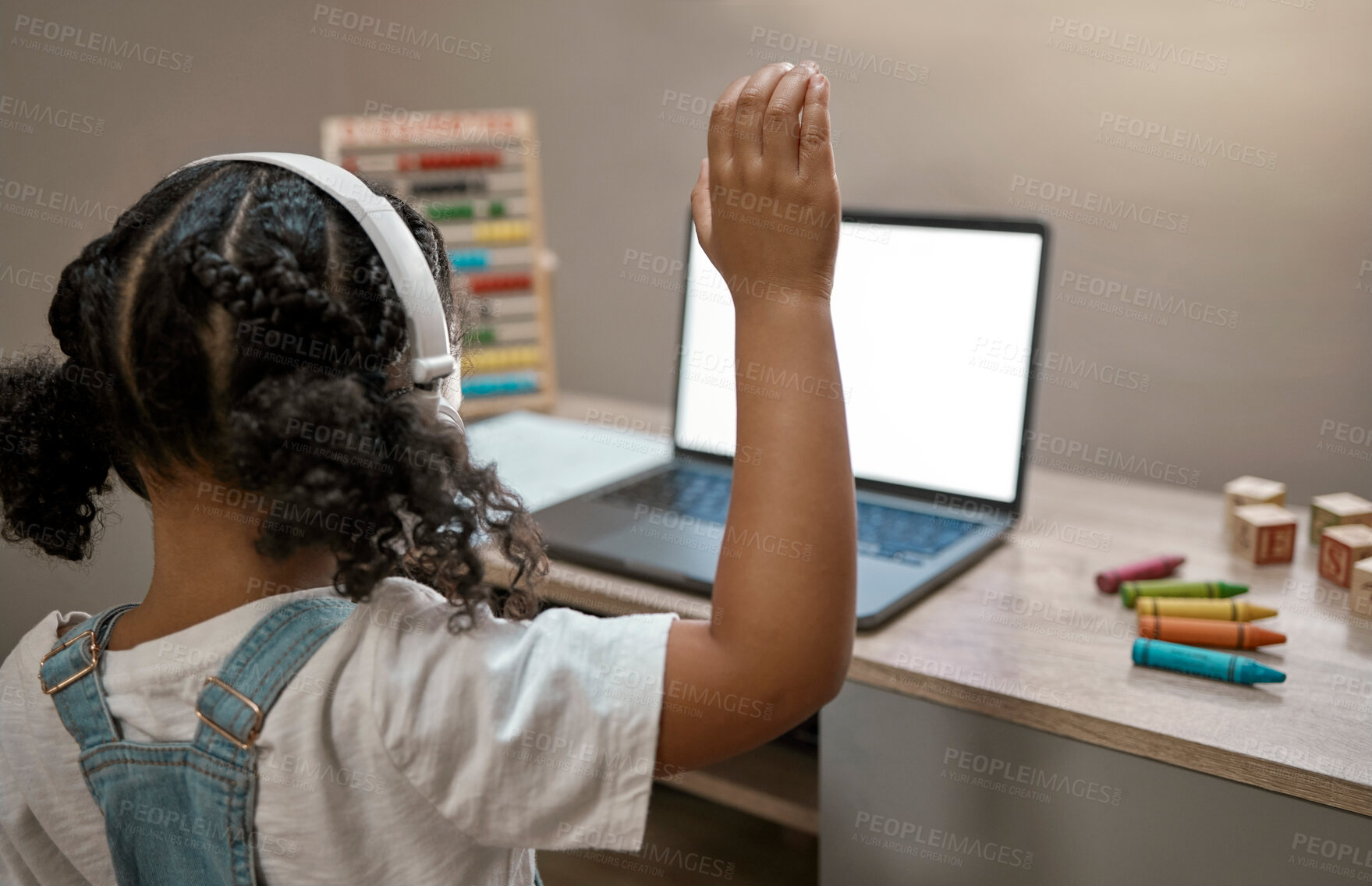 Buy stock photo Video call, laptop and mockup with child learning at home for pandemic, education and knowledge. Quarantine, school and online courses with girl student and raised hand for study in virtual classroom
