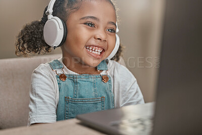 Buy stock photo Education, learning and laptop with girl and headphones for video call, knowledge and homeschooling. Virtual classroom, online courses and remote with child student listening to teacher for lesson