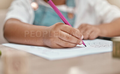 Buy stock photo Child, drawing or hands writing on paper in kindergarten education for knowledge development at school desk. Kid, creative or young student with color pencil learning or working on sketching skills