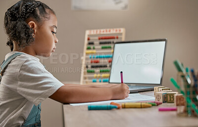 Buy stock photo Girl writing, education toys and laptop in house with crayons, paper and mental development by desk. Young african child, female learner or pen for notes, drawing or learning in home school with pc