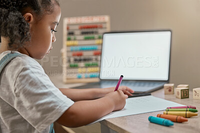 Buy stock photo Home school, blank computer and girl writing in a study notebook learning for child development. Online eduction, technology and kid working with a pencil on a pc student app for education in a house