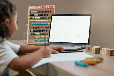 Buy stock photo Child, blank laptop and homework for distance learning and online education during math lesson. Abacus, pc and elearning with a little girl streaming her internet class for mathematics and writing 