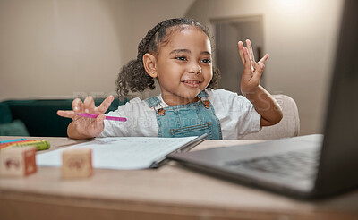 Buy stock photo Girl, learning and elearning on laptop, math and education in homeschool, writing and online class at desk in home. Child, happy smile and count for development, education and learning for knowledge
