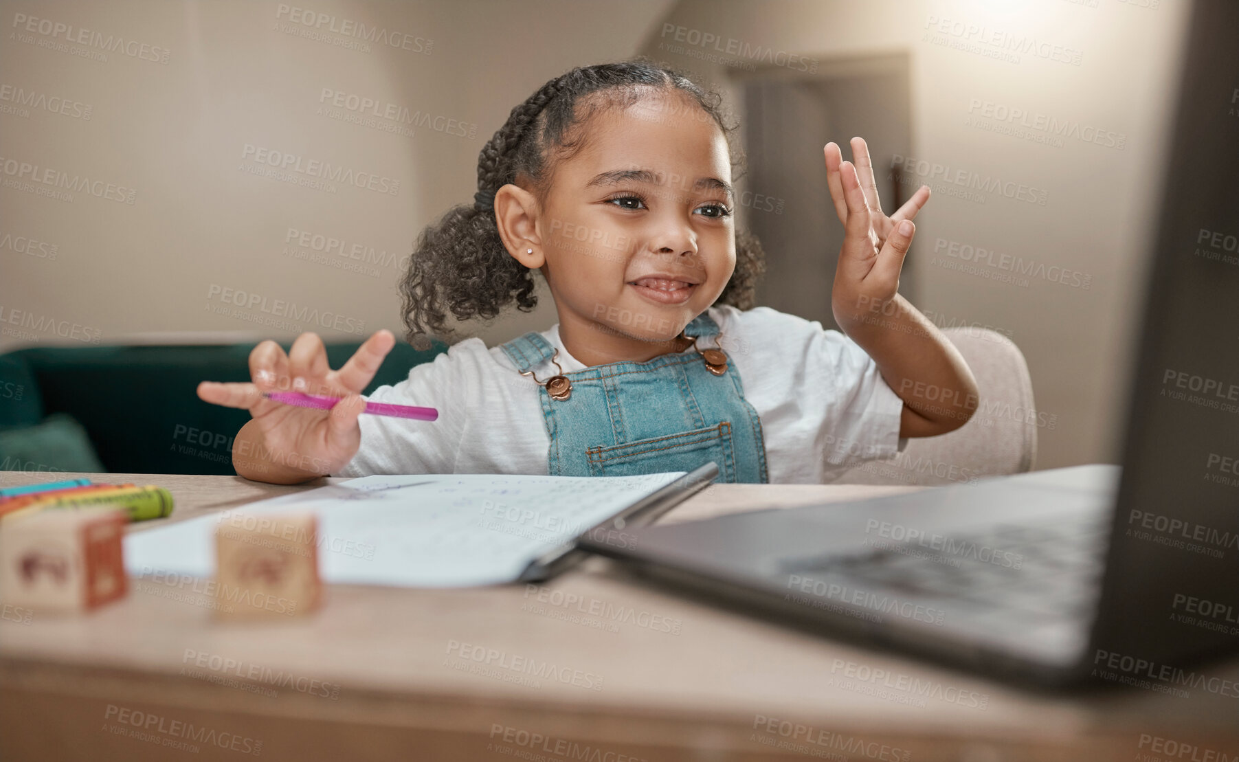 Buy stock photo Girl, learning and elearning on laptop, math and education in homeschool, writing and online class at desk in home. Child, happy smile and count for development, education and learning for knowledge