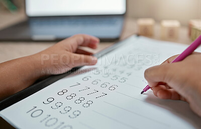 Buy stock photo Education, hands and writing, math and numbers, learning at home with development and school. Mathematics, learn and student, academic work and number activity paper with homework and study zoom.