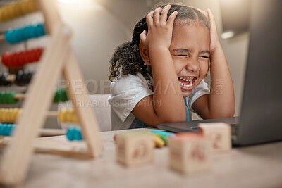 Buy stock photo Black girl frustrated, remote school from home and laptop for online learning, overworked and stress. Young female, kid and child with homework, education and unhappy for study, burnout and anxiety.