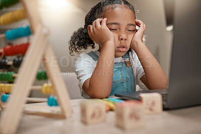 Buy stock photo Sleeping, study and learning with girl at laptop for math homework, pandemic and online courses. Homeschooling, knowledge and burnout with child student feeling tired and exhausted in quarantine